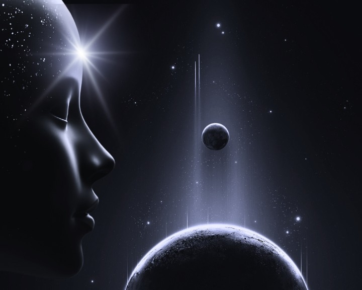 Gesicht im Profil vor Planeten